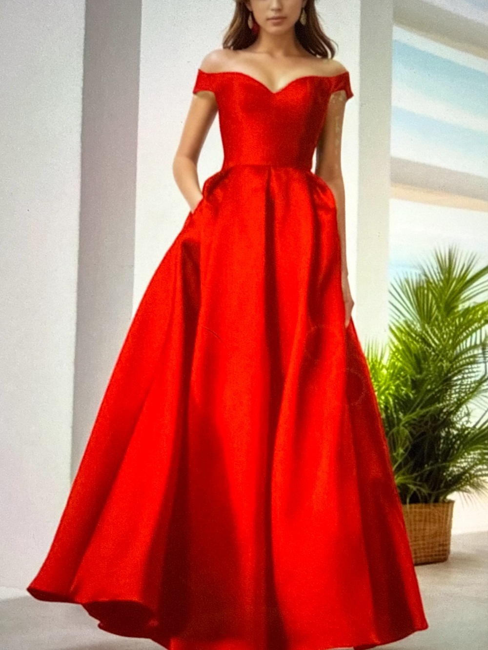 Elegant Off Shoulder Red Satin Ball Gown